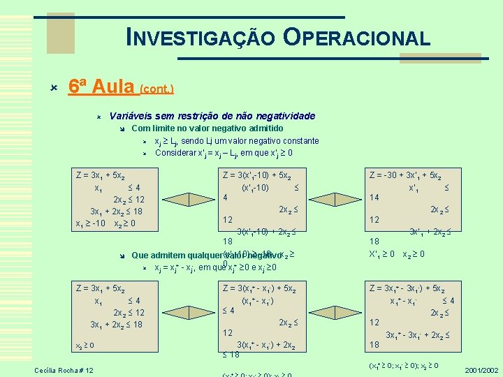 INVESTIGAÇÃO OPERACIONAL û 6ª Aula (cont. ) û Variáveis sem restrição de não negatividade