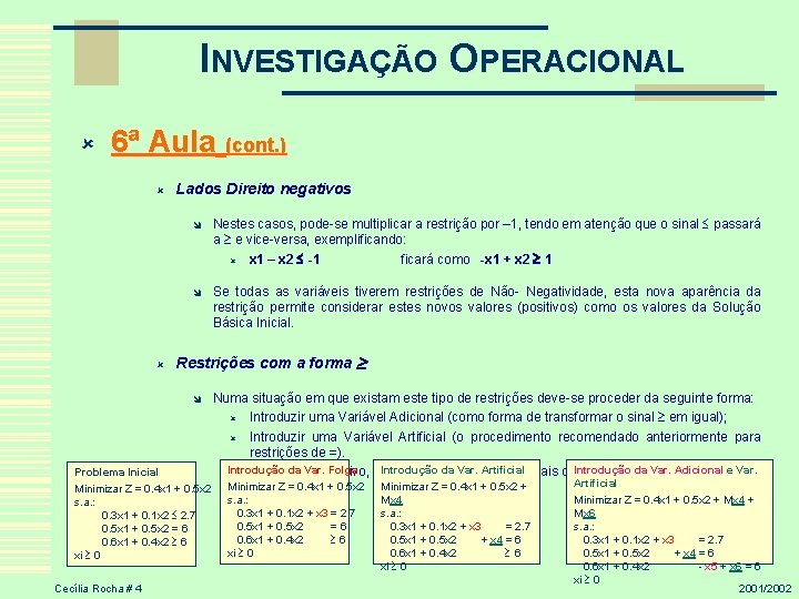 INVESTIGAÇÃO OPERACIONAL û 6ª Aula (cont. ) û û Lados Direito negativos î Nestes