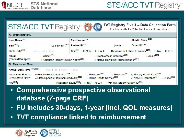 TVT National Registry • Comprehensive prospective observational database (7 -page CRF) • FU includes TVT National Registry • Comprehensive prospective observational database (7 -page CRF) • FU includes