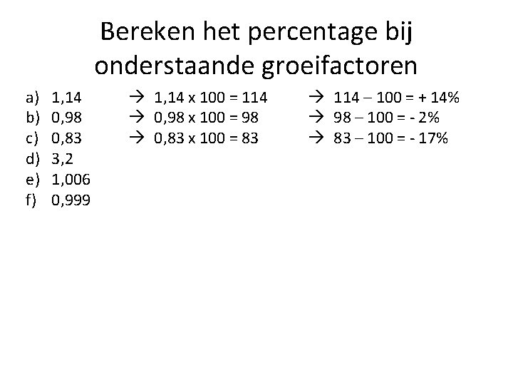 Bereken het percentage bij onderstaande groeifactoren a) b) c) d) e) f) 1, 14