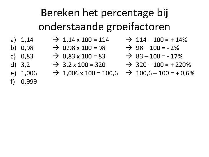 Bereken het percentage bij onderstaande groeifactoren a) b) c) d) e) f) 1, 14