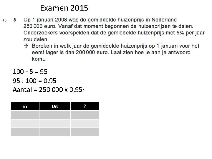 Examen 2015 100 – 5 = 95 95 : 100 = 0, 95 Aantal