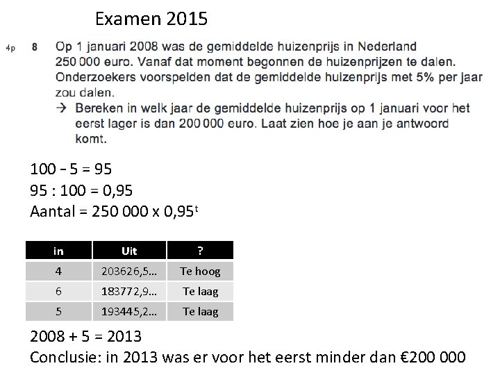 Examen 2015 100 – 5 = 95 95 : 100 = 0, 95 Aantal