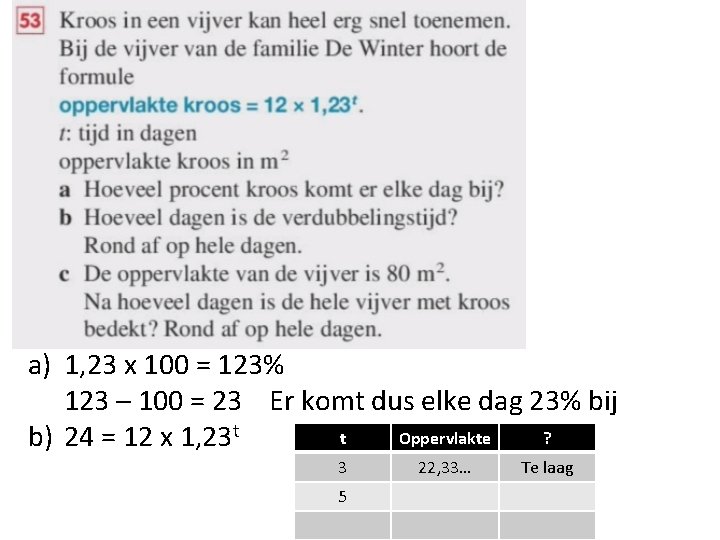 a) 1, 23 x 100 = 123% 123 – 100 = 23 Er komt