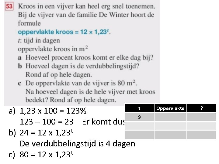 t Oppervlakte a) 1, 23 x 100 = 123% 9 123 – 100 =
