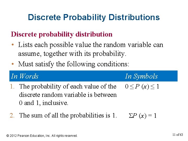 Discrete Probability Distributions Discrete probability distribution • Lists each possible value the random variable