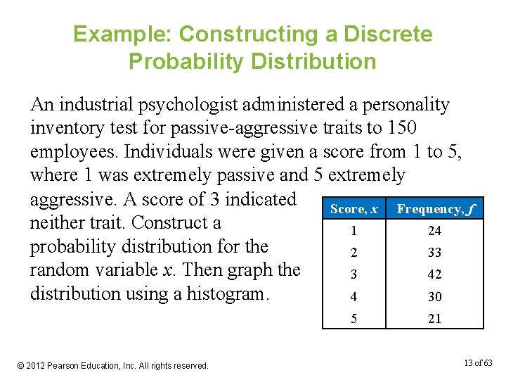 Example: Constructing a Discrete Probability Distribution An industrial psychologist administered a personality inventory test