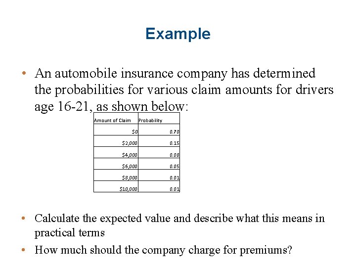 Example • An automobile insurance company has determined the probabilities for various claim amounts