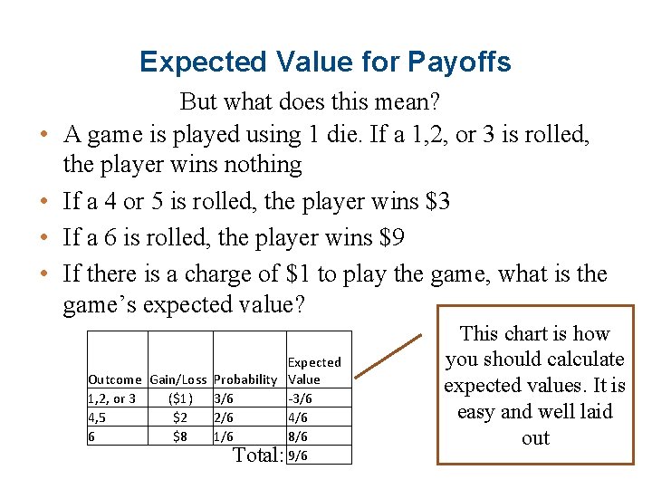 Expected Value for Payoffs • • But what does this mean? A game is
