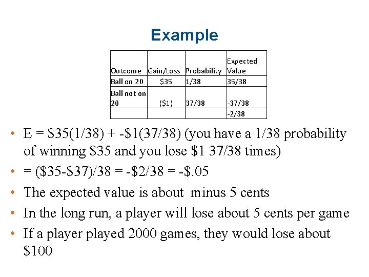 Example Expected Outcome Gain/Loss Probability Value Ball on 20 $35 1/38 35/38 Ball not
