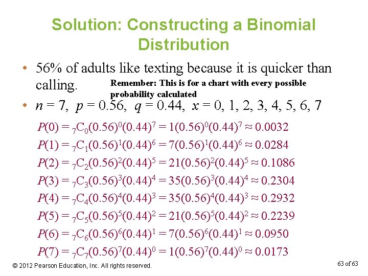 Solution: Constructing a Binomial Distribution • 56% of adults like texting because it is