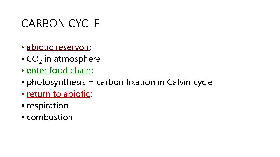 CARBON CYCLE • abiotic reservoir: § CO 2 in atmosphere • enter food chain: