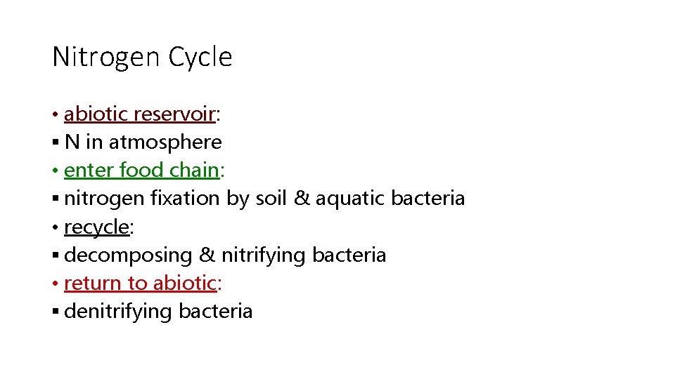 Nitrogen Cycle • abiotic reservoir: § N in atmosphere • enter food chain: §