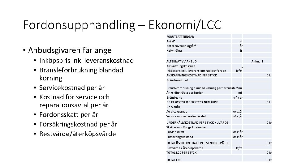 Fordonsupphandling – Ekonomi/LCC • Anbudsgivaren får ange • Inköpspris inkl leveranskostnad • Bränsleförbrukning blandad