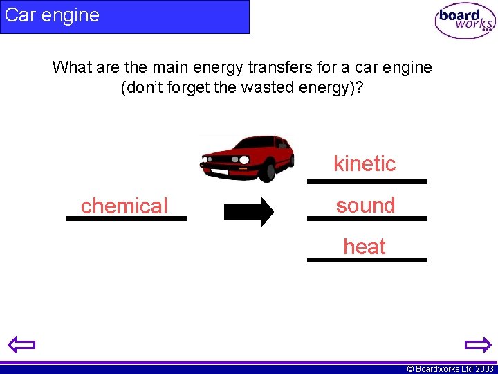 Car engine What are the main energy transfers for a car engine (don’t forget