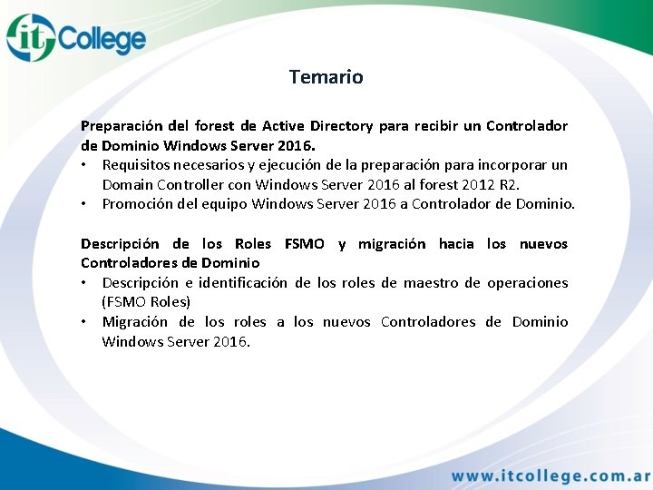 Temario Preparación del forest de Active Directory para recibir un Controlador de Dominio Windows