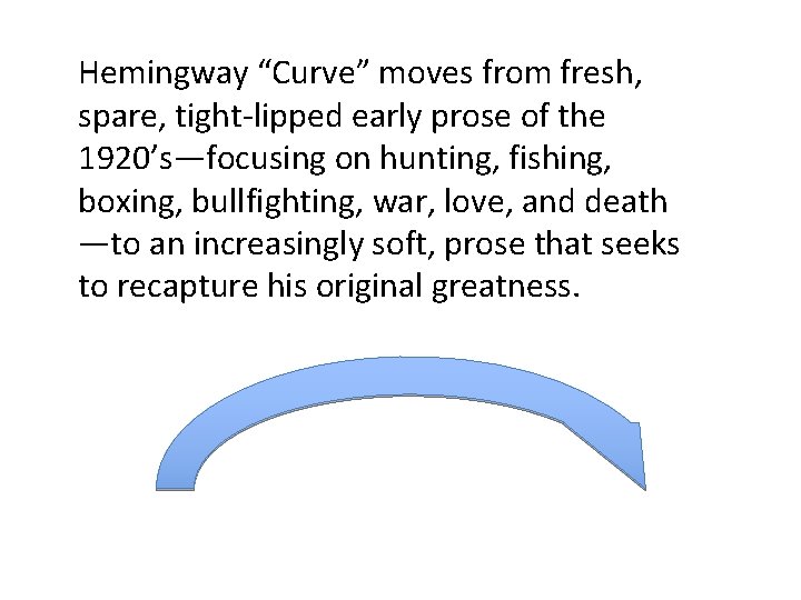 Hemingway “Curve” moves from fresh, spare, tight-lipped early prose of the 1920’s—focusing on hunting,