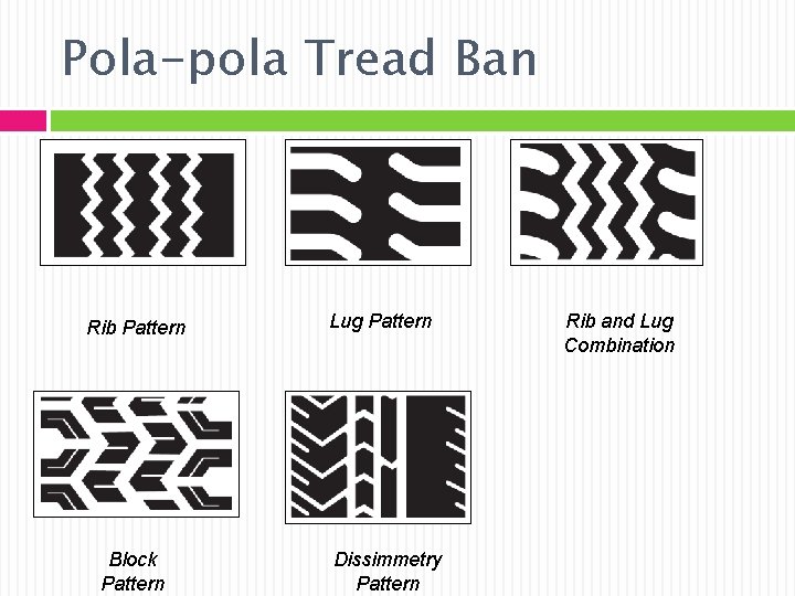 Pola-pola Tread Ban Rib Pattern Block Pattern Lug Pattern Dissimmetry Pattern Rib and Lug