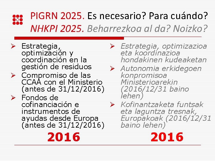 PIGRN 2025. Es necesario? Para cuándo? NHKPI 2025. Beharrezkoa al da? Noizko? Ø Estrategia,