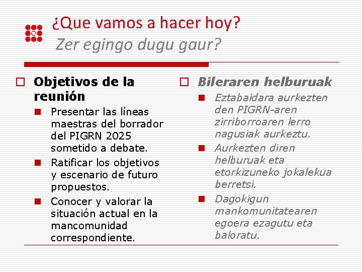 ¿Que vamos a hacer hoy? Zer egingo dugu gaur? o Objetivos de la reunión