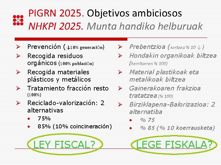 PIGRN 2025. Objetivos ambiciosos NHKPI 2025. Munta handiko helburuak Ø Ø Ø Prevención (↓