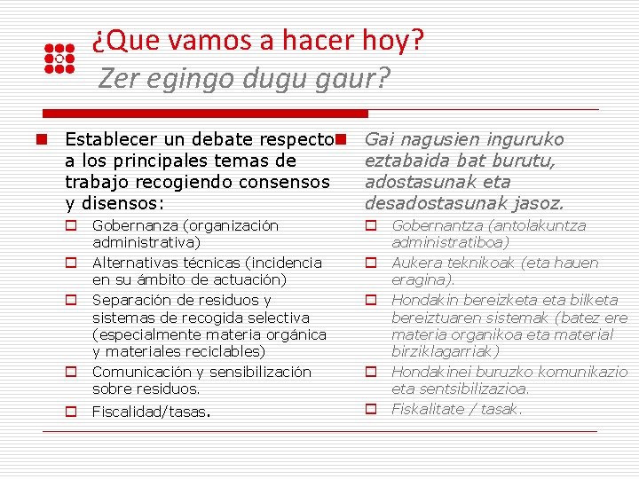 ¿Que vamos a hacer hoy? Zer egingo dugu gaur? n Establecer un debate respecton