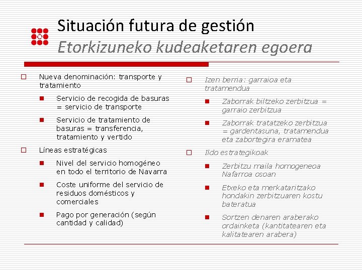 Situación futura de gestión Etorkizuneko kudeaketaren egoera o o Nueva denominación: transporte y tratamiento