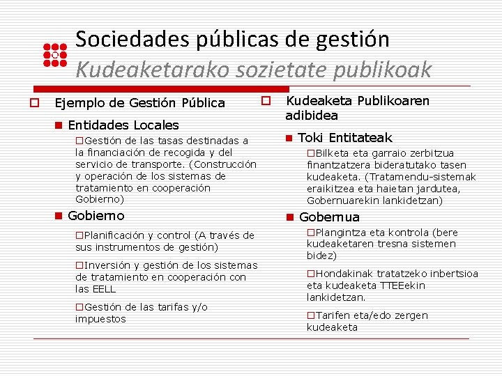 Sociedades públicas de gestión Kudeaketarako sozietate publikoak o Ejemplo de Gestión Pública n Entidades