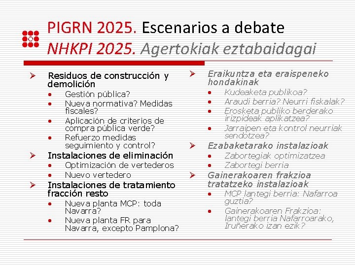 PIGRN 2025. Escenarios a debate NHKPI 2025. Agertokiak eztabaidagai Ø Residuos de construcción y