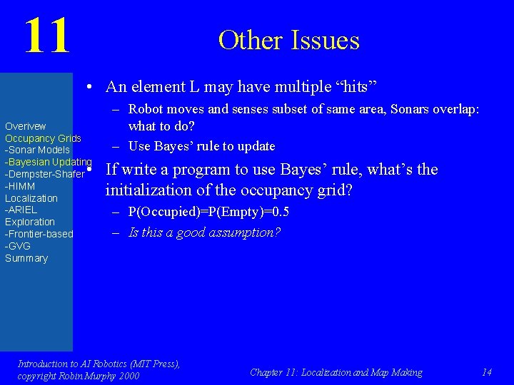 11 Other Issues • An element L may have multiple “hits” Overivew Occupancy Grids
