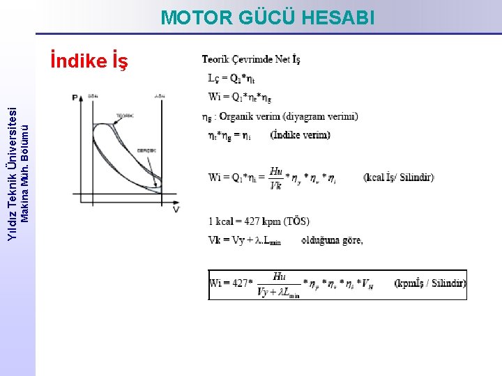 Makina Müh. Bölümü Yıldız Teknik Üniversitesi MOTOR GÜCÜ HESABI İndike İş 