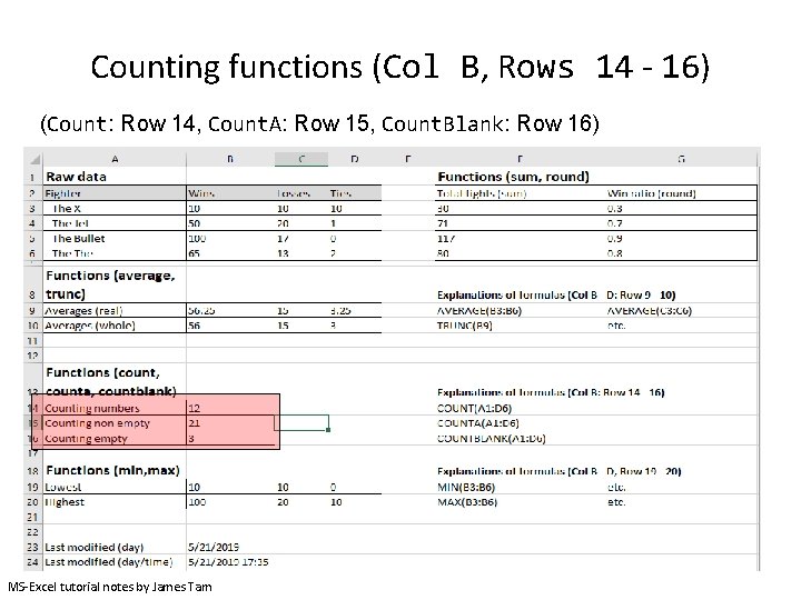Counting functions (Col B, Rows 14 - 16) (Count: Row 14, Count. A: Row Counting functions (Col B, Rows 14 - 16) (Count: Row 14, Count. A: Row