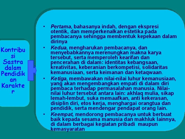  • Kontribu si Sastra dalam Pendidik an Karakte r • • • Pertama,