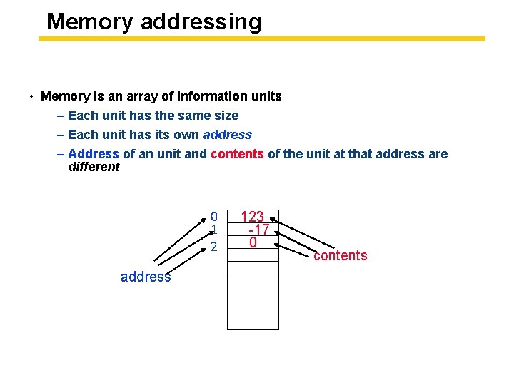 Memory addressing • Memory is an array of information units – Each unit has
