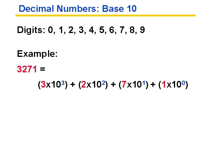 Decimal Numbers: Base 10 Digits: 0, 1, 2, 3, 4, 5, 6, 7, 8,