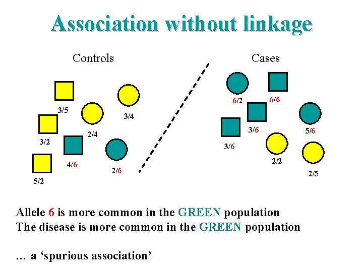 Association without linkage Controls Cases 6/6 6/2 3/5 3/4 3/6 2/4 3/2 5/6 3/6