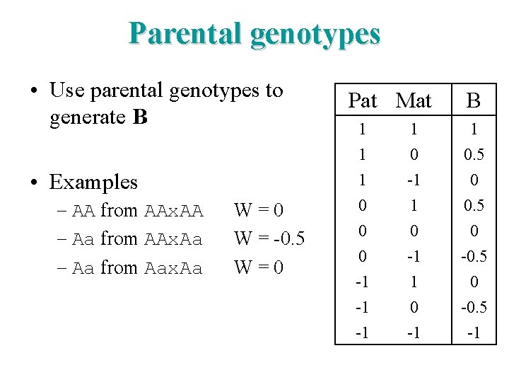 Parental genotypes • Use parental genotypes to generate B • Examples – AA from