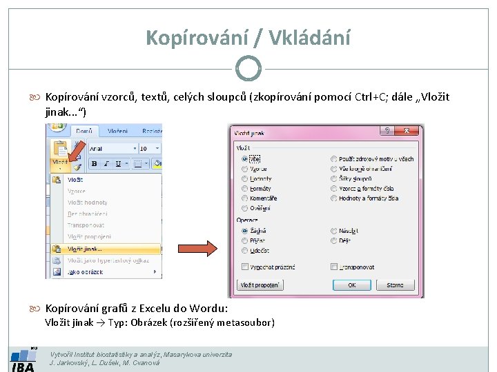 Kopírování / Vkládání Kopírování vzorců, textů, celých sloupců (zkopírování pomocí Ctrl+C; dále „Vložit jinak.