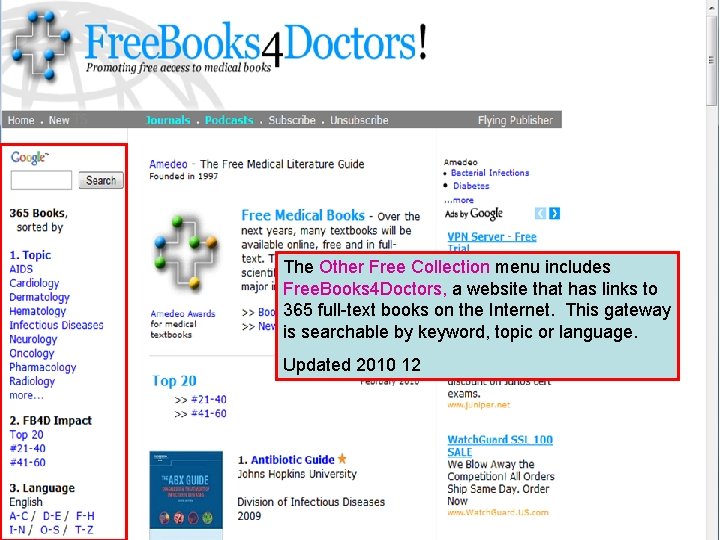 The Other Free Collection menu includes Free. Books 4 Doctors, a website that has