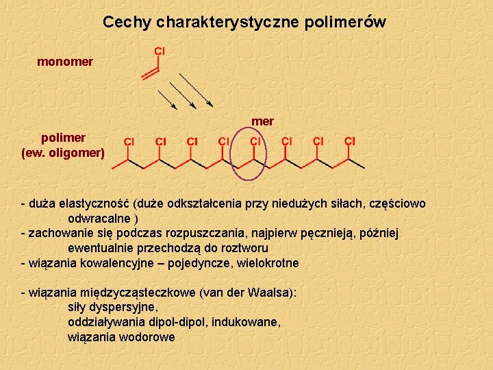 Cechy charakterystyczne polimerów monomer polimer (ew. oligomer) - duża elastyczność (duże odkształcenia przy niedużych