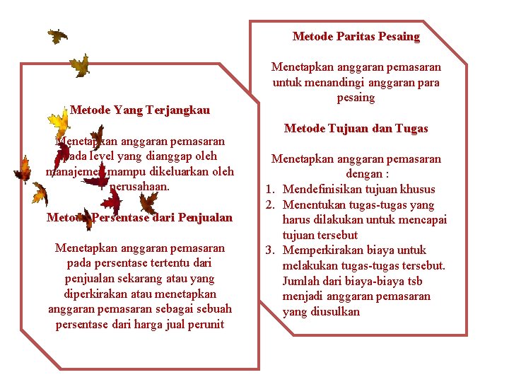 Metode Paritas Pesaing Metode Yang Terjangkau Menetapkan anggaran pemasaran pada level yang dianggap oleh