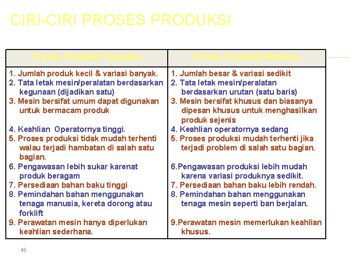 CIRI-CIRI PROSES PRODUKSI Proses Produksi Terputus 1. Jumlah produk kecil & variasi banyak. 2.