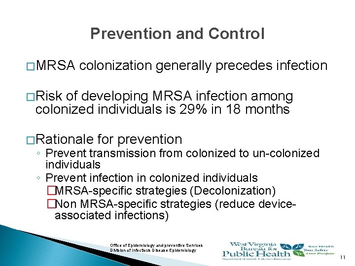 Prevention and Control � MRSA colonization generally precedes infection � Risk of developing MRSA