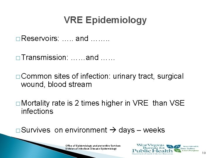 VRE Epidemiology � Reservoirs: …. . and ……. . � Transmission: ……and …… �