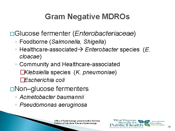 Gram Negative MDROs �Glucose fermenter (Enterobacteriaceae) ◦ Foodborne (Salmonella, Shigella) ◦ Healthcare-associated Enterobacter species