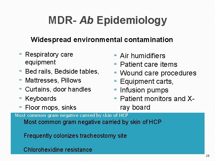 MDR- Ab Epidemiology Widespread environmental contamination Respiratory care equipment Bed rails, Bedside tables, Mattresses,