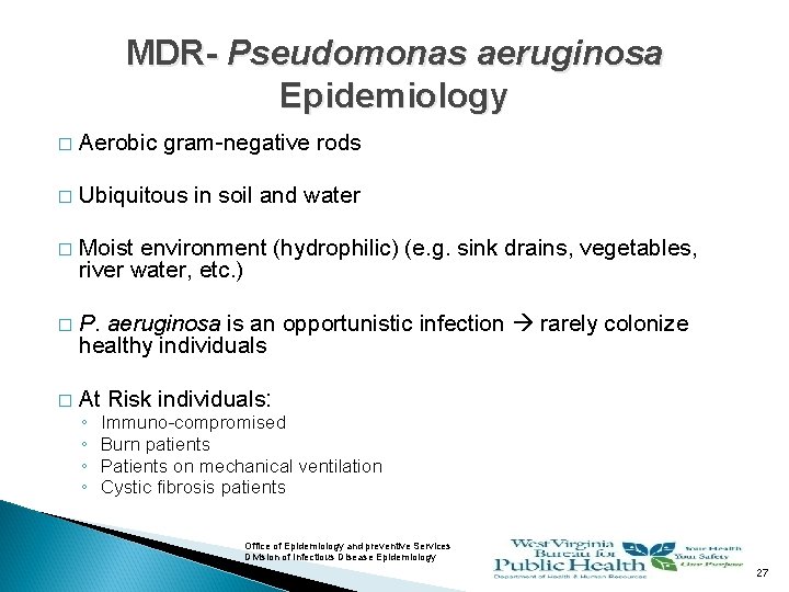 MDR- Pseudomonas aeruginosa Epidemiology � Aerobic gram-negative rods � Ubiquitous in soil and water