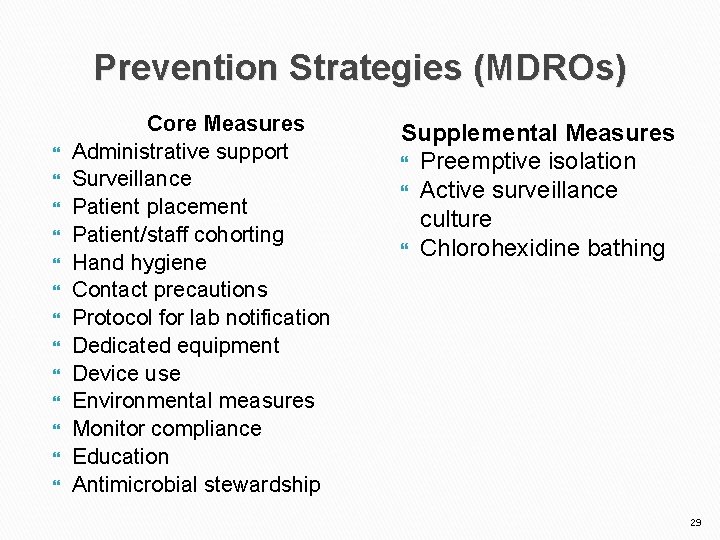 Prevention Strategies (MDROs) Core Measures Administrative support Surveillance Patient placement Patient/staff cohorting Hand hygiene
