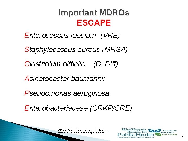 Important MDROs ESCAPE Enterococcus faecium (VRE) Staphylococcus aureus (MRSA) Clostridium difficile (C. Diff) Acinetobacter