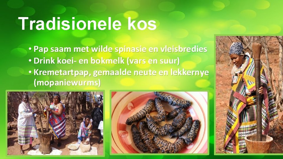 Tradisionele kos • Pap saam met wilde spinasie en vleisbredies • Drink koei- en